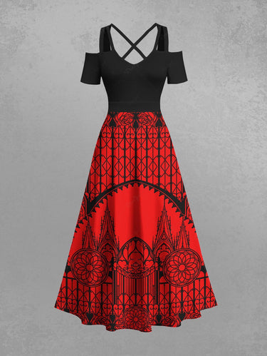 Gothic Plus Size Castle Church Flower Print Cold Shoulder Crisscross A Line Maxi Dress Red / 4X Plus Size Gothic Plus Size Castle Church Flower Print Cold Shoulder Crisscross A Line Maxi Dress Red / 4X Plus Size