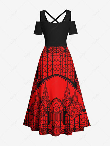 Gothic Plus Size Castle Church Flower Print Cold Shoulder Crisscross A Line Maxi Dress