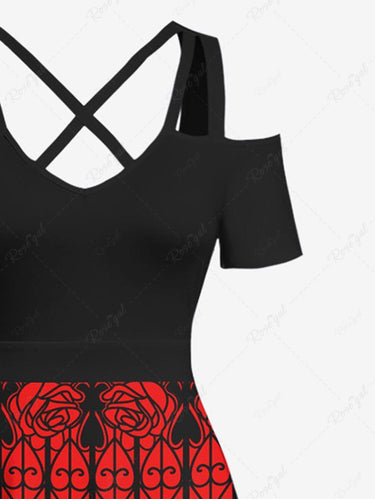 Gothic Plus Size Castle Church Flower Print Cold Shoulder Crisscross A Line Maxi Dress