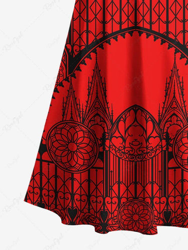 Gothic Plus Size Castle Church Flower Print Cold Shoulder Crisscross A Line Maxi Dress