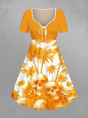 Gothic Plus Size Skull Hibiscus Flower Coconut Tree Print Hawaii Cinched A Line Dress