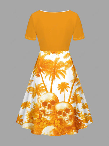 Gothic Plus Size Skull Hibiscus Flower Coconut Tree Print Hawaii Cinched A Line Dress