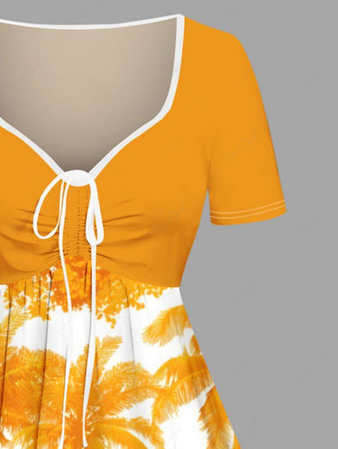 Gothic Plus Size Skull Hibiscus Flower Coconut Tree Print Hawaii Cinched A Line Dress