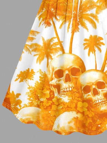 Gothic Plus Size Skull Hibiscus Flower Coconut Tree Print Hawaii Cinched A Line Dress
