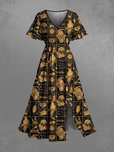 Gothic Plus Size Sun Moon Star Coffin Crow Divination Flower Print Split Pocket A Line Midi Dress