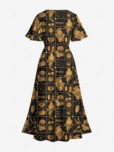Gothic Plus Size Sun Moon Star Coffin Crow Divination Flower Print Split Pocket A Line Midi Dress