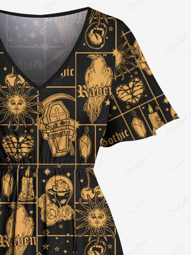 Gothic Plus Size Sun Moon Star Coffin Crow Divination Flower Print Split Pocket A Line Midi Dress