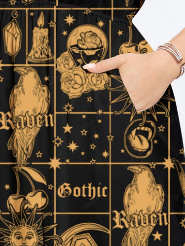 Gothic Plus Size Sun Moon Star Coffin Crow Divination Flower Print Split Pocket A Line Midi Dress
