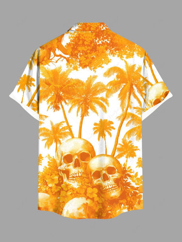 Gothic Plus Size Skull Hibiscus Flower Coconut Tree Print Hawaii Button Pocket Shirt For Men