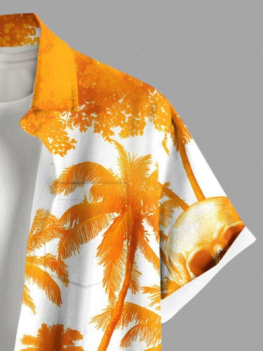 Gothic Plus Size Skull Hibiscus Flower Coconut Tree Print Hawaii Button Pocket Shirt For Men