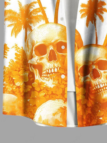 Gothic Plus Size Skull Hibiscus Flower Coconut Tree Print Hawaii Button Pocket Shirt For Men