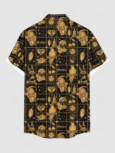 Gothic Plus Size Sun Moon Star Coffin Crow Divination Flower Print Button Pocket Shirt For Men