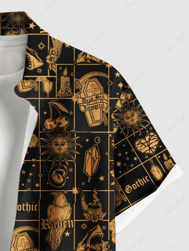 Gothic Plus Size Sun Moon Star Coffin Crow Divination Flower Print Button Pocket Shirt For Men