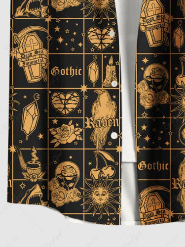 Gothic Plus Size Sun Moon Star Coffin Crow Divination Flower Print Button Pocket Shirt For Men