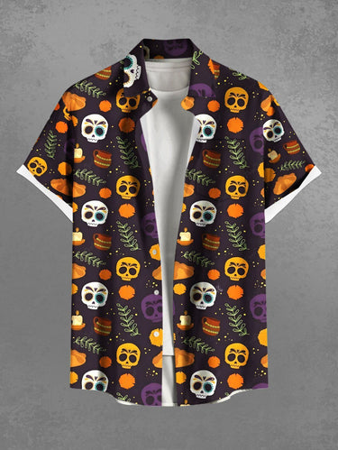 Gothic Plus Size Colorful Skull Tropical Leaf Tamale Food Print Halloween Button Pocket Shirt For Men
