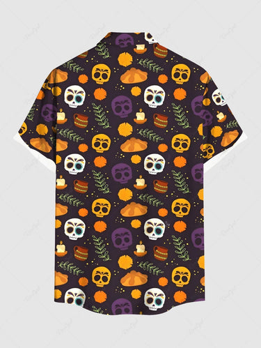Gothic Plus Size Colorful Skull Tropical Leaf Tamale Food Print Halloween Button Pocket Shirt For Men