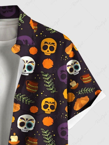 Gothic Plus Size Colorful Skull Tropical Leaf Tamale Food Print Halloween Button Pocket Shirt For Men