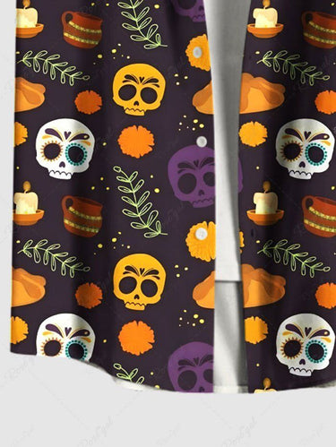 Gothic Plus Size Colorful Skull Tropical Leaf Tamale Food Print Halloween Button Pocket Shirt For Men