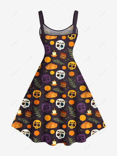 Gothic Plus Size Colorful Skull Tropical Leaf Tamale Food Print Halloween Costume A Line Dress