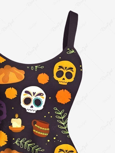 Gothic Plus Size Colorful Skull Tropical Leaf Tamale Food Print Halloween Costume A Line Dress