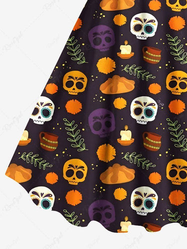 Gothic Plus Size Colorful Skull Tropical Leaf Tamale Food Print Halloween Costume A Line Dress