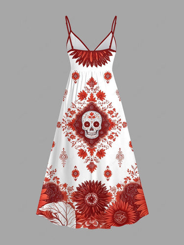 Gothic Plus Size Skull Tropical Leaf Flower Print Surplice A Line Cami Dress