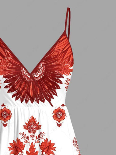 Gothic Plus Size Skull Tropical Leaf Flower Print Surplice A Line Cami Dress