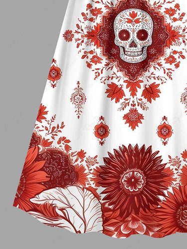 Gothic Plus Size Skull Tropical Leaf Flower Print Surplice A Line Cami Dress