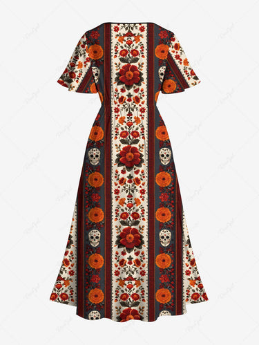 Gothic Plus Size Skull Flower Donut Striped Print Split Pocket A Line Midi Dress