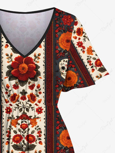 Gothic Plus Size Skull Flower Donut Striped Print Split Pocket A Line Midi Dress