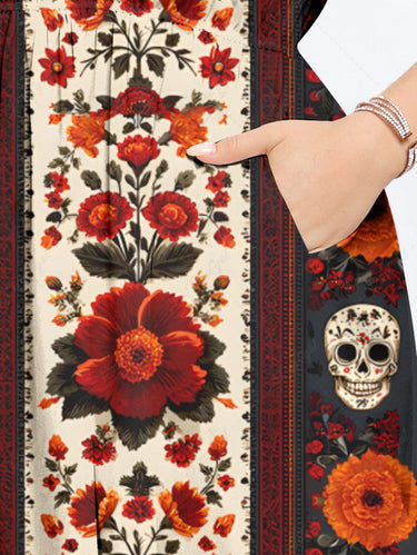 Gothic Plus Size Skull Flower Donut Striped Print Split Pocket A Line Midi Dress