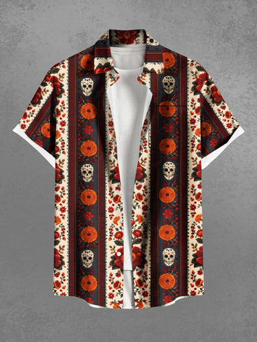 Gothic Plus Size Skull Flower Donut Striped Print Button Pocket Shirt For Men