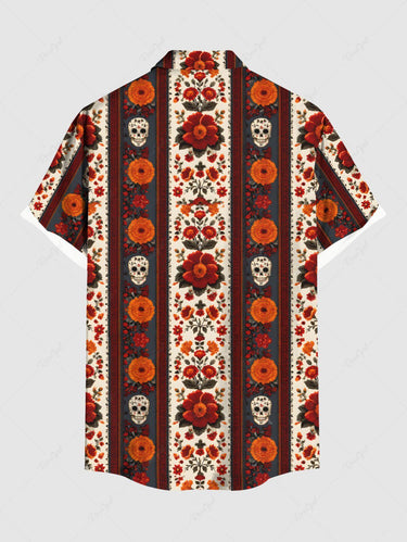 Gothic Plus Size Skull Flower Donut Striped Print Button Pocket Shirt For Men