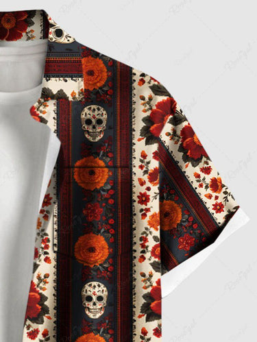 Gothic Plus Size Skull Flower Donut Striped Print Button Pocket Shirt For Men