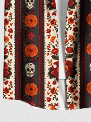 Gothic Plus Size Skull Flower Donut Striped Print Button Pocket Shirt For Men