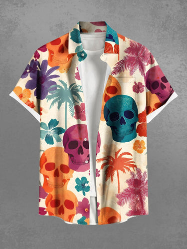 Gothic Plus Size Colorful Coconut Tree Skull Hibiscus Flower Print Hawaii Button Pocket Shirt For Men