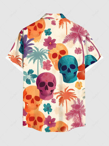 Gothic Plus Size Colorful Coconut Tree Skull Hibiscus Flower Print Hawaii Button Pocket Shirt For Men