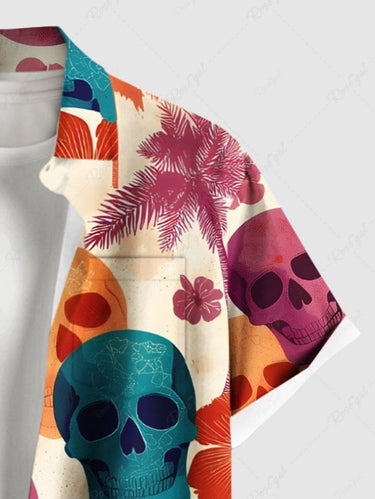 Gothic Plus Size Colorful Coconut Tree Skull Hibiscus Flower Print Hawaii Button Pocket Shirt For Men