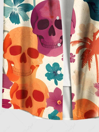 Gothic Plus Size Colorful Coconut Tree Skull Hibiscus Flower Print Hawaii Button Pocket Shirt For Men