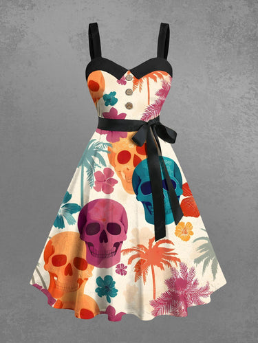 Gothic Plus Size Colorful Coconut Tree Skull Hibiscus Flower Print Hawaii Button A Line Dress with Removable Belt