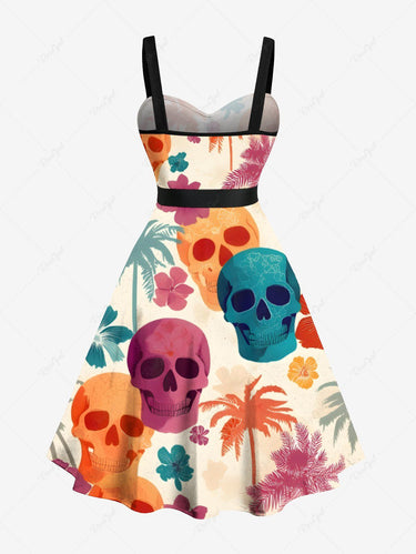 Gothic Plus Size Colorful Coconut Tree Skull Hibiscus Flower Print Hawaii Button A Line Dress with Removable Belt