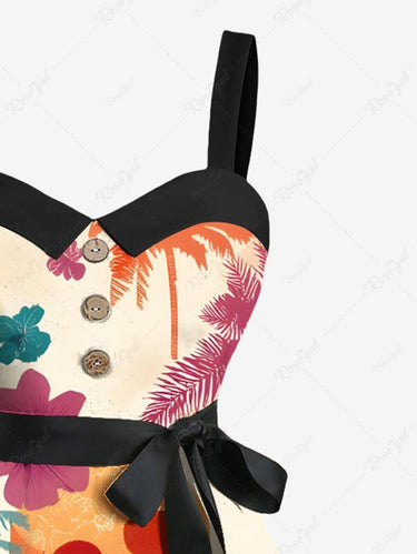 Gothic Plus Size Colorful Coconut Tree Skull Hibiscus Flower Print Hawaii Button A Line Dress with Removable Belt