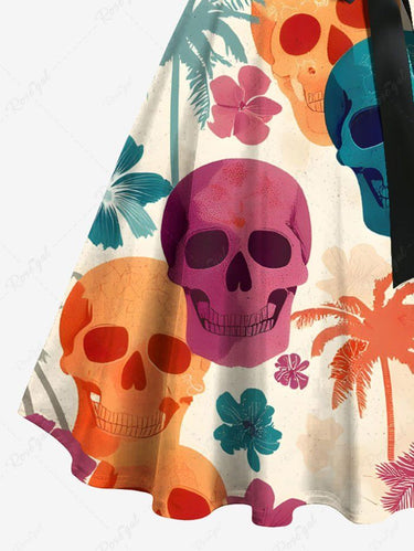 Gothic Plus Size Colorful Coconut Tree Skull Hibiscus Flower Print Hawaii Button A Line Dress with Removable Belt