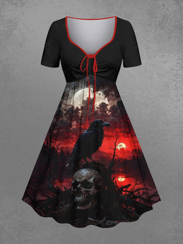Gothic Plus Size Skull Crow Moon Ombre Sunset Print Cinched A Line Dress