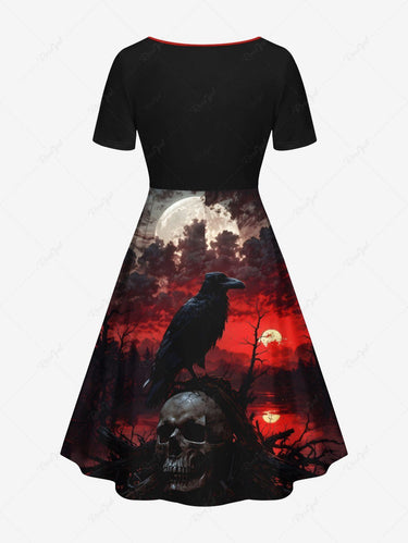 Gothic Plus Size Skull Crow Moon Ombre Sunset Print Cinched A Line Dress