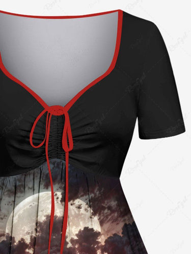 Gothic Plus Size Skull Crow Moon Ombre Sunset Print Cinched A Line Dress