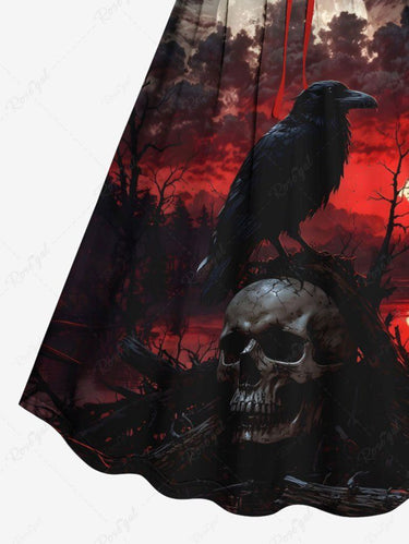 Gothic Plus Size Skull Crow Moon Ombre Sunset Print Cinched A Line Dress