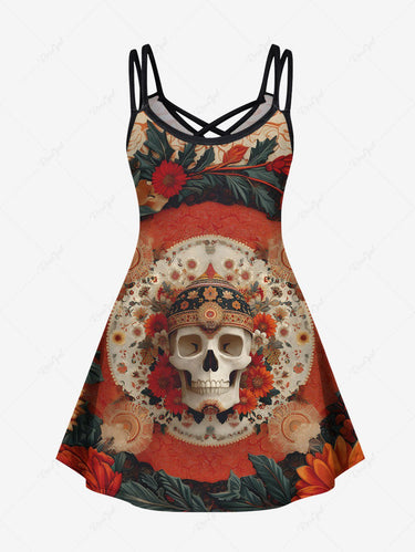 Gothic Plus Size Skull Flower Wreath Print Crisscross Strappy A Line Cami Dress