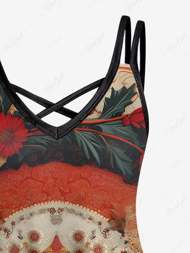 Gothic Plus Size Skull Flower Wreath Print Crisscross Strappy A Line Cami Dress