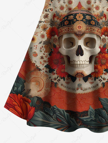 Gothic Plus Size Skull Flower Wreath Print Crisscross Strappy A Line Cami Dress